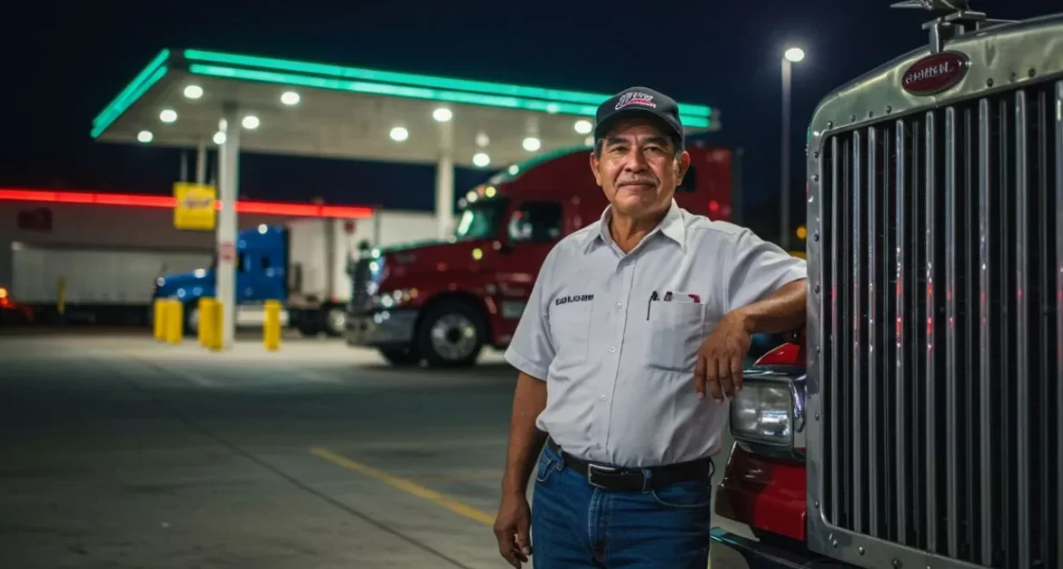 Trucker standing in front of a Truck Stop