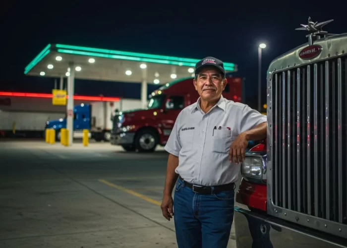 Trucker standing in front of a Truck Stop